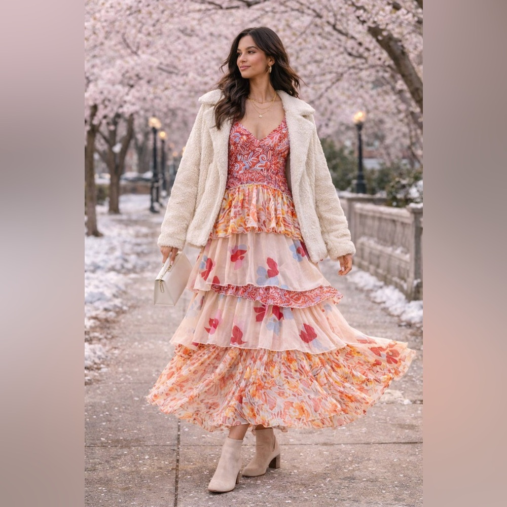 Free People Coraline Tiered Maxi Dress Boho Floral Pink Ruffle Size 0 - Picture 2 of 16